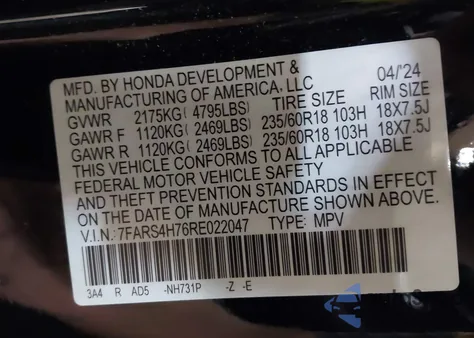 2024 Honda Cr-V Ex-L Awd from USA, damaged, VIN 7FARS4H76RE022047